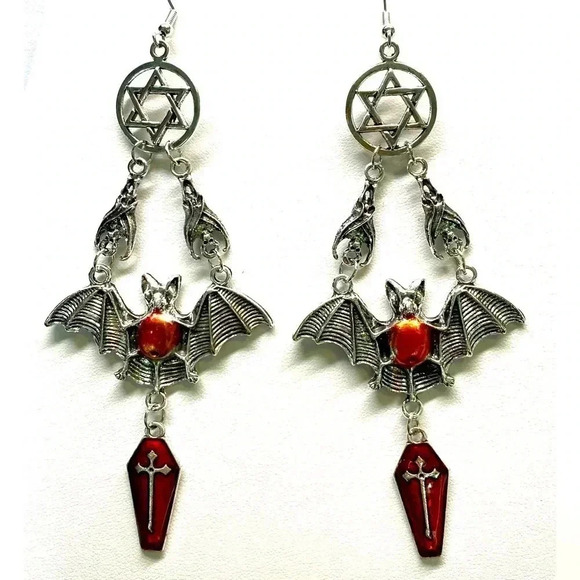 Awesome Large Bat Earrings Coffin Goth Punk Dark Witch New - Picture 1 of 2